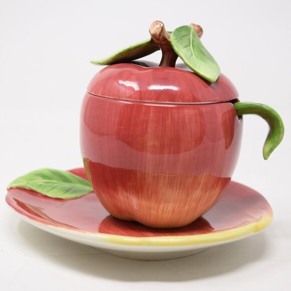 VTG Apple Shaped Jam Jar Lid Plate Spoon Cottagecore Farmhouse Granny Condiment - Picture 4 of 15